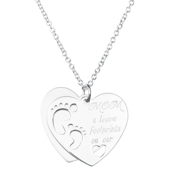925 Sterling Silver Love Mom U Leave Footprint on Our Heart Dangle Charm Pendant Rolo Chain Necklace 16 Inches