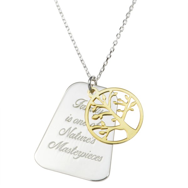 2-tone Sterling Silver Family Is One of Nature's Masterpieces Gold-tone Round Tree Charm Pendant Rolo Chain Necklace 18 Inches