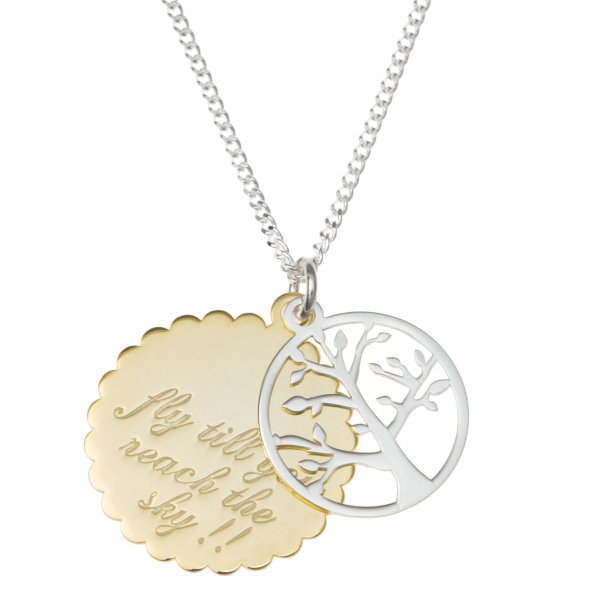 2-tone Sterling Silver Family Tree Fly Till You Reach the Sky Charm Pendant Curb Link Chain Necklace 16" + 2" Extender