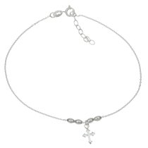 1x Sterling Silver Crucifix Cross Dangle Charm Oval Bead Spacer Rolo Cable Link Chain Anklet 9″ + 1″ Extender