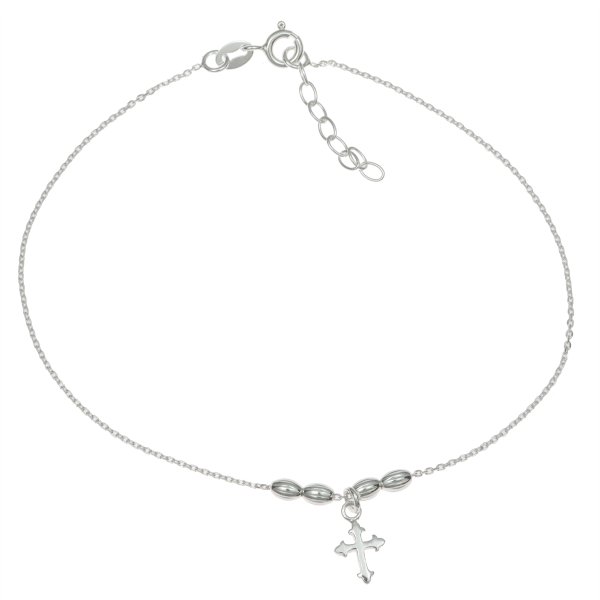 1x Sterling Silver Crucifix Cross Dangle Charm Oval Bead Spacer Rolo Cable Link Chain Anklet 9" + 1" Extender