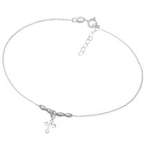 1x Sterling Silver Crucifix Cross Dangle Charm Oval Bead Spacer Rolo Cable Link Chain Anklet 9" + 1" Extender