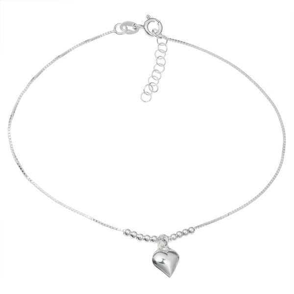 1x Sterling Silver Heart Dangle Charm Ball Bead Spacer Box Chain Anklet 9 Inches+ 1 Inch Extender