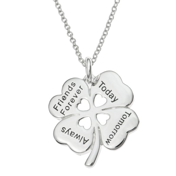 925 Sterling Silver 4 Leaf Clover Friends Forever Today Tomorrow Always Heart Charm Pendant Chain Necklace 16"+2" Extender