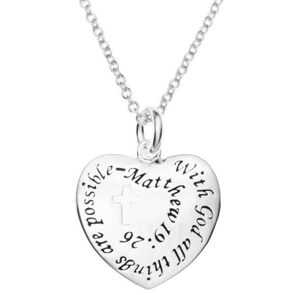 925 Sterling Silver with God All Things Are Possible Heart Charm Pendant Chain Necklace 16"+2" Extender