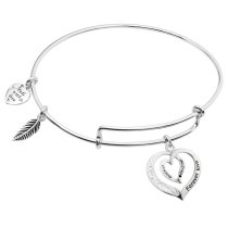 925 Sterling Silver Mother Daughter Forever Love Heart Leaf Dangle Charm Adjustable Wire Bangle Bracelet
