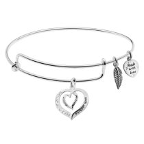 925 Sterling Silver Mother Daughter Forever Love Heart Leaf Dangle Charm Adjustable Wire Bangle Bracelet
