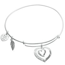 925 Sterling Silver Mother Daughter Forever Love Heart Leaf Dangle Charm Adjustable Wire Bangle Bracelet