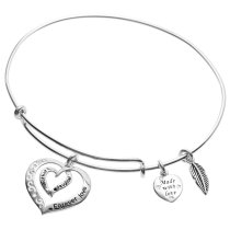 925 Sterling Silver Mother Daughter Forever Love Heart Leaf Dangle Charm Adjustable Wire Bangle Bracelet