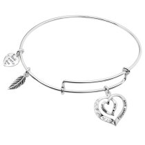 925 Sterling Silver Mother Son Forever Love Heart Leaf Dangle Charm Adjustable Wire Bangle Bracelet