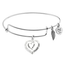 925 Sterling Silver Mother Son Forever Love Heart Leaf Dangle Charm Adjustable Wire Bangle Bracelet