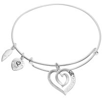 925 Sterling Silver Mother Son Forever Love Heart Leaf Dangle Charm Adjustable Wire Bangle Bracelet
