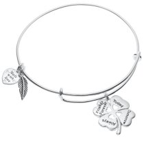 925 Sterling Silver 4 Leaf Clover Heart Friends Forever Today Tomorrow Always Dangle Charm Adjustable Wire Bangle Bracelet