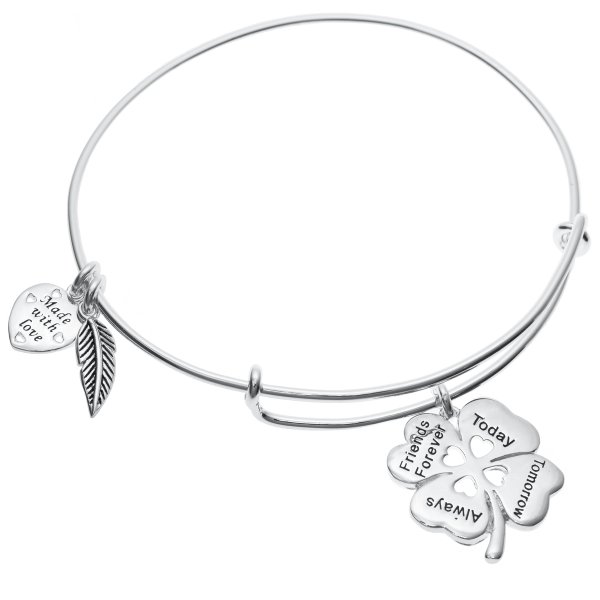 925 Sterling Silver 4 Leaf Clover Heart Friends Forever Today Tomorrow Always Dangle Charm Adjustable Wire Bangle Bracelet