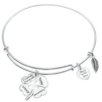 925 Sterling Silver 4 Leaf Clover Heart Friends Forever Today Tomorrow Always Dangle Charm Adjustable Wire Bangle Bracelet