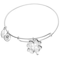 925 Sterling Silver 4 Leaf Clover Heart Friends Forever Today Tomorrow Always Dangle Charm Adjustable Wire Bangle Bracelet