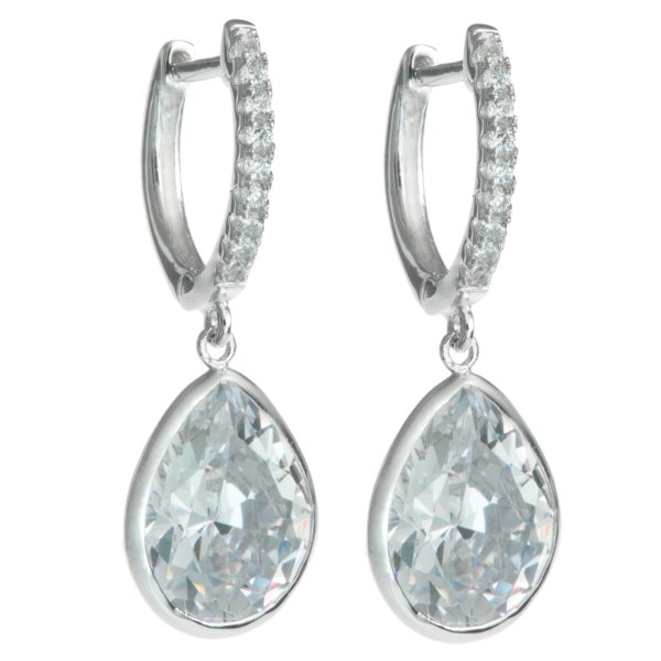 2x Rhodium on Sterling Silver Teardrop Clear CZ Crystal Charm Hoop Huggie Dangle Earring