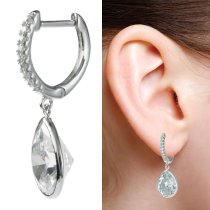 2x Rhodium on Sterling Silver Teardrop Clear CZ Crystal Charm Hoop Huggie Dangle Earring