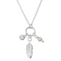 1x 925 Sterling Silver Feather Natural Fresh Water Pearl Round CZ Crystal Dangle Charm Chain Necklace 16″+1″ Extender