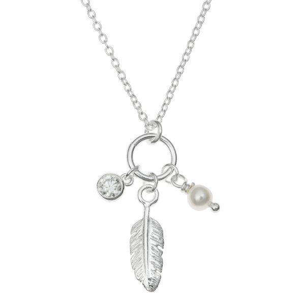 1x 925 Sterling Silver Feather Natural Fresh Water Pearl Round CZ Crystal Dangle Charm Chain Necklace 16"+1" Extender
