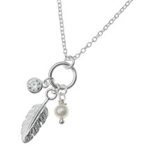 1x 925 Sterling Silver Feather Natural Fresh Water Pearl Round CZ Crystal Dangle Charm Chain Necklace 16"+1" Extender