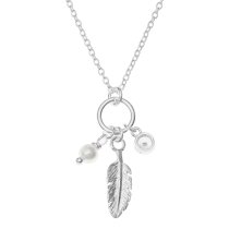 1x 925 Sterling Silver Feather Natural Fresh Water Pearl Round CZ Crystal Dangle Charm Chain Necklace 16"+1" Extender
