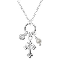 925 Sterling Silver Crucifix Cross Faith Natural Fresh Water Pearl Round Clear CZ Crystal Dangle Pendant Charm Link Necklace Chain 16″ + 1″ Extender