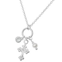 925 Sterling Silver Crucifix Cross Faith Natural Fresh Water Pearl Round Clear CZ Crystal Dangle Pendant Charm Link Necklace Chain 16" + 1" Extender
