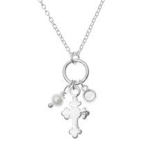 925 Sterling Silver Crucifix Cross Faith Natural Fresh Water Pearl Round Clear CZ Crystal Dangle Pendant Charm Link Necklace Chain 16" + 1" Extender