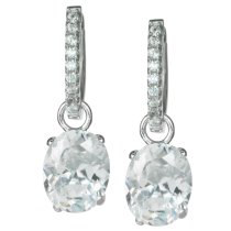 2x Rhodium on Sterling Silver Oval Clear CZ Crystal Charm Hoop Huggie Dangle Earring