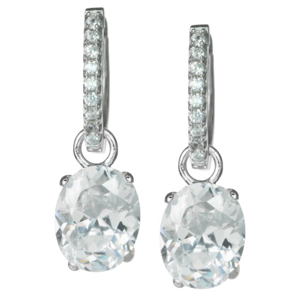 2x Rhodium on Sterling Silver Oval Clear CZ Crystal Charm Hoop Huggie Dangle Earring