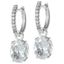 2x Rhodium on Sterling Silver Oval Clear CZ Crystal Charm Hoop Huggie Dangle Earring