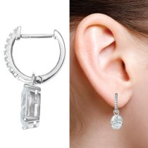 2x Rhodium on Sterling Silver Oval Clear CZ Crystal Charm Hoop Huggie Dangle Earring