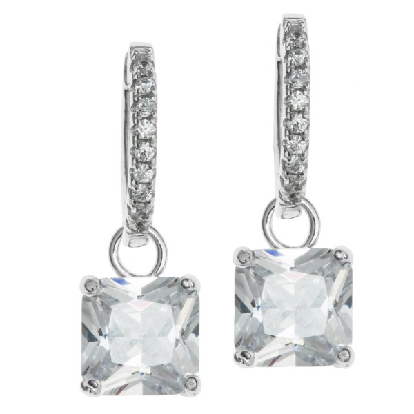2x Rhodium on Sterling Silver Square Clear CZ Crystal Charm Hoop Huggie Dangle Earring