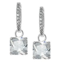2x Rhodium on Sterling Silver Square Clear CZ Crystal Charm Hoop Huggie Dangle Earring