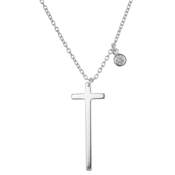 1x 925 Sterling Silver Christian Cross Faith Round Clear CZ Crystal Dangle Charm Chain Necklace 16"+1" Extender
