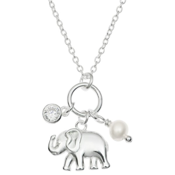 925 Sterling Silver Luck Elephant Natural Fresh Water Pearl Round Clear CZ Crystal Dangle Charm Chain Necklace 16 Inches + 1 Inch Extender