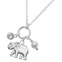 925 Sterling Silver Luck Elephant Natural Fresh Water Pearl Round Clear CZ Crystal Dangle Charm Chain Necklace 16 Inches + 1 Inch Extender
