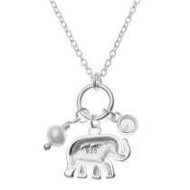 925 Sterling Silver Luck Elephant Natural Fresh Water Pearl Round Clear CZ Crystal Dangle Charm Chain Necklace 16 Inches + 1 Inch Extender