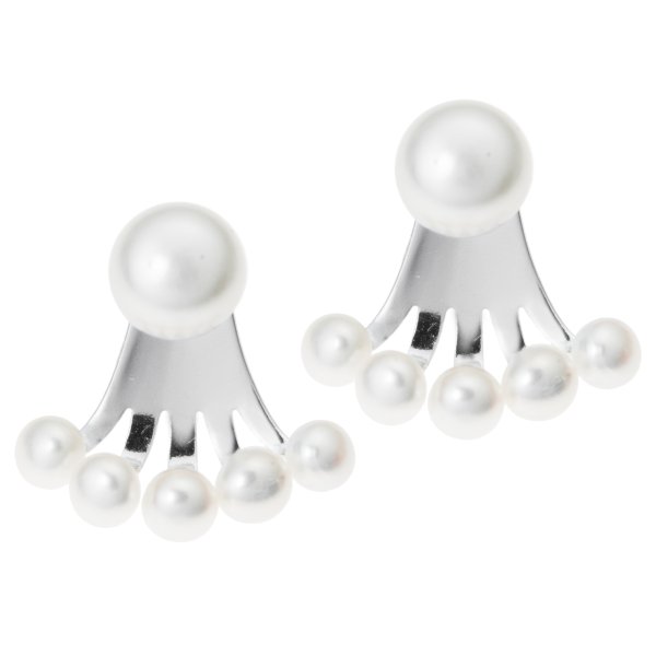 2x 925 Sterling Silver Round Fresh Water Pearl 2 in 1 Stud and Jacket Ear Cuff Earrings
