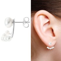 2x 925 Sterling Silver Round Fresh Water Pearl 2 in 1 Stud and Jacket Ear Cuff Earrings