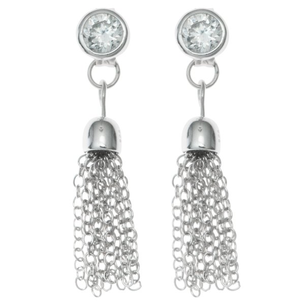 2x Rhodium on 925 Sterling Silver Rould Clear CZ Crystal Tassel Chain Earring Stud Post