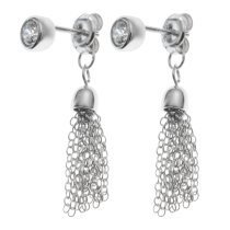 2x Rhodium on 925 Sterling Silver Rould Clear CZ Crystal Tassel Chain Earring Stud Post
