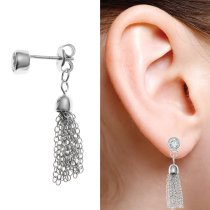 2x Rhodium on 925 Sterling Silver Rould Clear CZ Crystal Tassel Chain Earring Stud Post