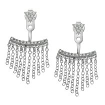 2x Rhodium on 925 Sterling Silver Clear CZ Crystal Chain Tassel 2 in 1 Stud and Jacket Post with Friction Back Earrings