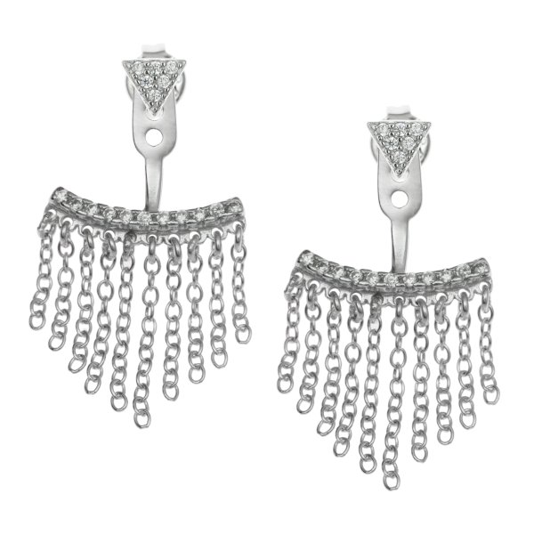 2x Rhodium on 925 Sterling Silver Clear CZ Crystal Chain Tassel 2 in 1 Stud and Jacket Post with Friction Back Earrings