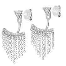 2x Rhodium on 925 Sterling Silver Clear CZ Crystal Chain Tassel 2 in 1 Stud and Jacket Post with Friction Back Earrings