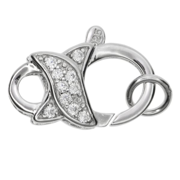 1x Rhodium on 925 Sterling Silver Clear CZ Crystal Infinity S Hook Lobster Connector Clasp