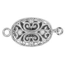 1x Rhodium Plated Sterling Silver Filigree Flower Oval 1 Strand Clear CZ Crystal Pearl Box Clasp