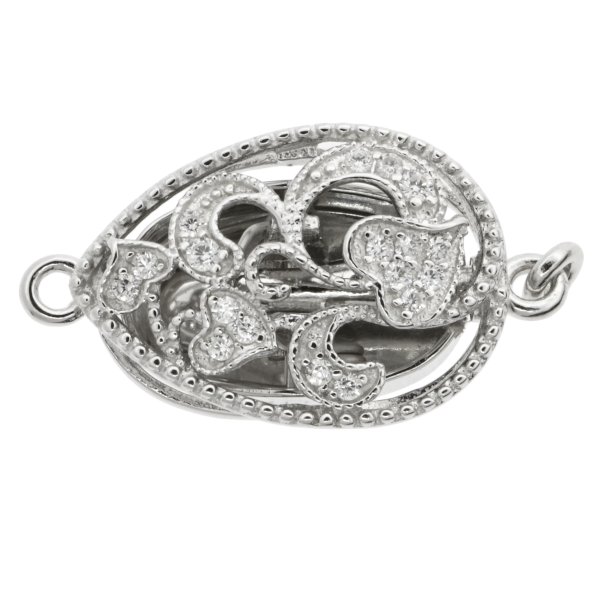 1x Rhodium Plated Sterling Silver Filigree Heart Flower Teardrop 1 Strand Clear CZ Crystal Pearl Box Clasp